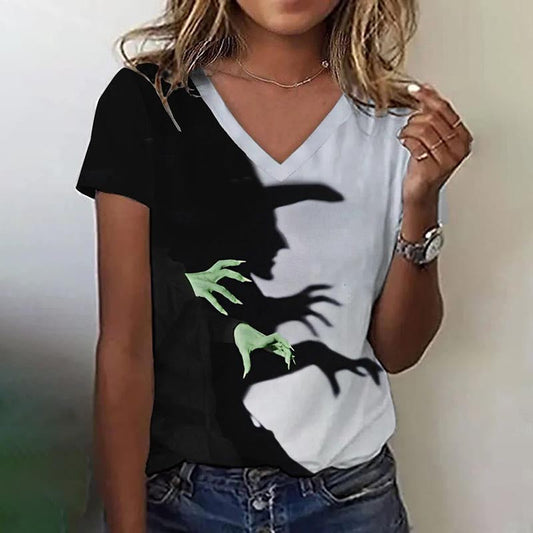 Women's Halloween Witch Shadow Print Casual V-Neck Tee