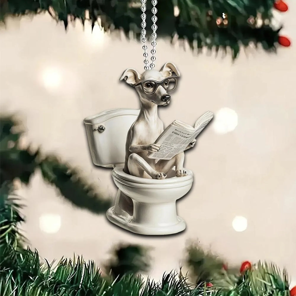 Whippet - Dog Sitting On Toilet Ornament OT049