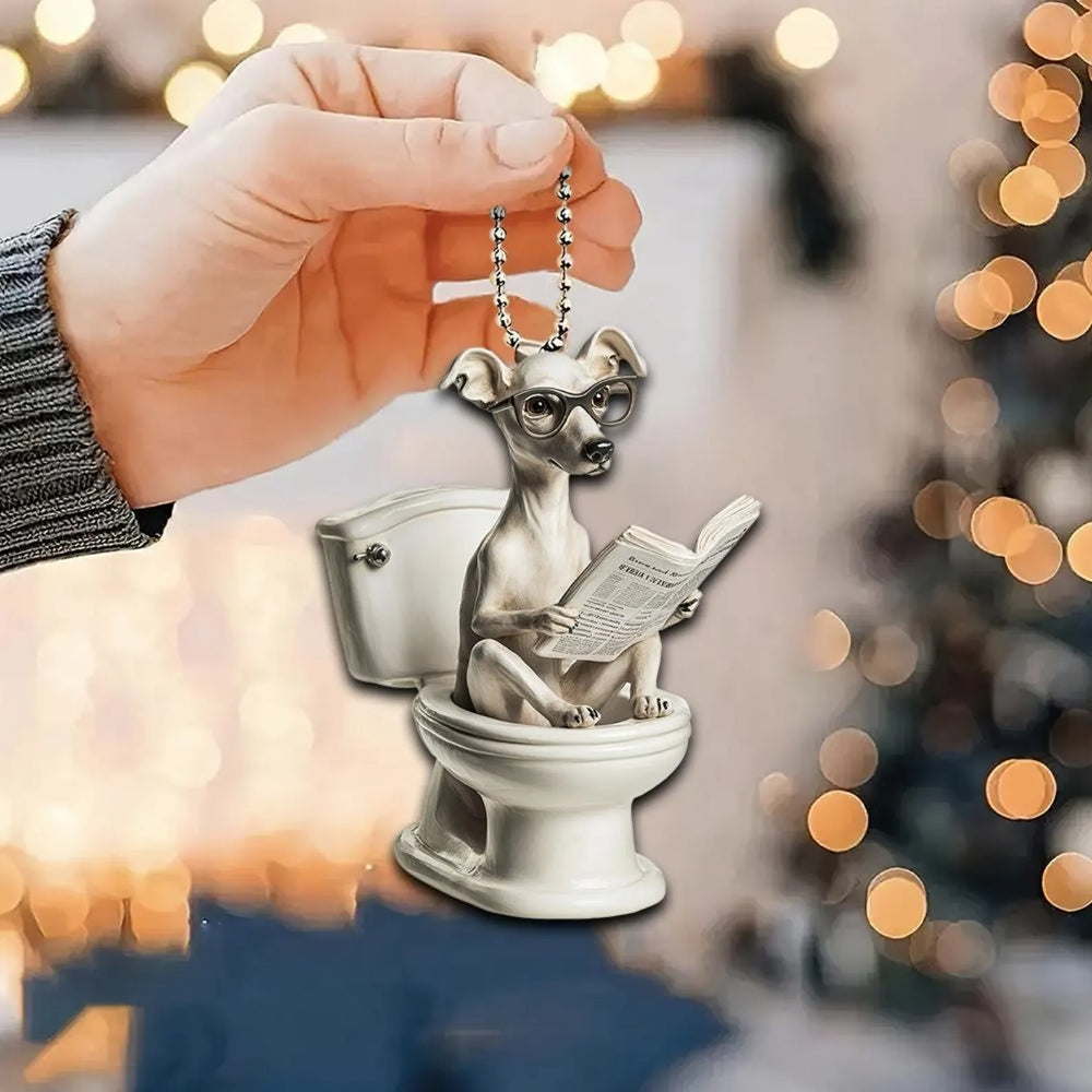 Whippet - Dog Sitting On Toilet Ornament OT049