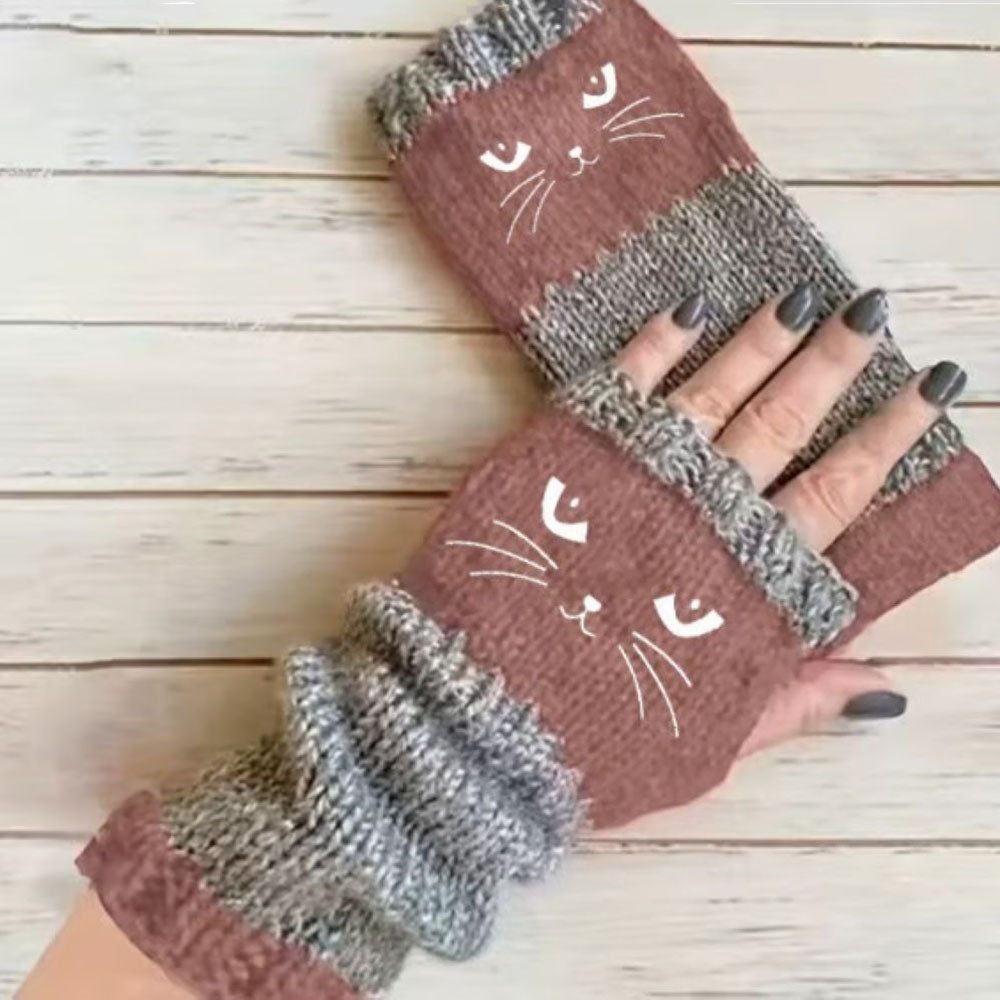 Knitted Fingerless Gloves - Cat Printing