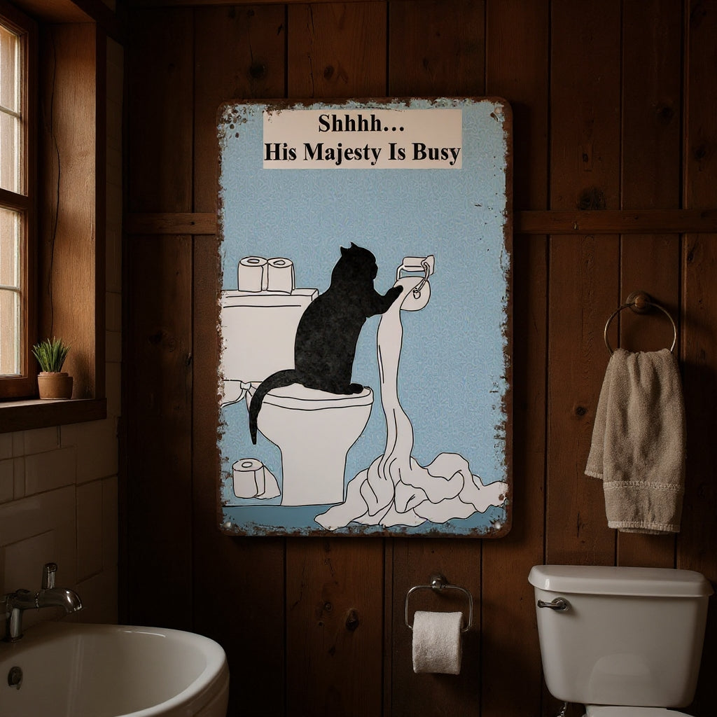 Vintage Cat Humor Metal Sign - "His Majesty Is Busy" - BW053