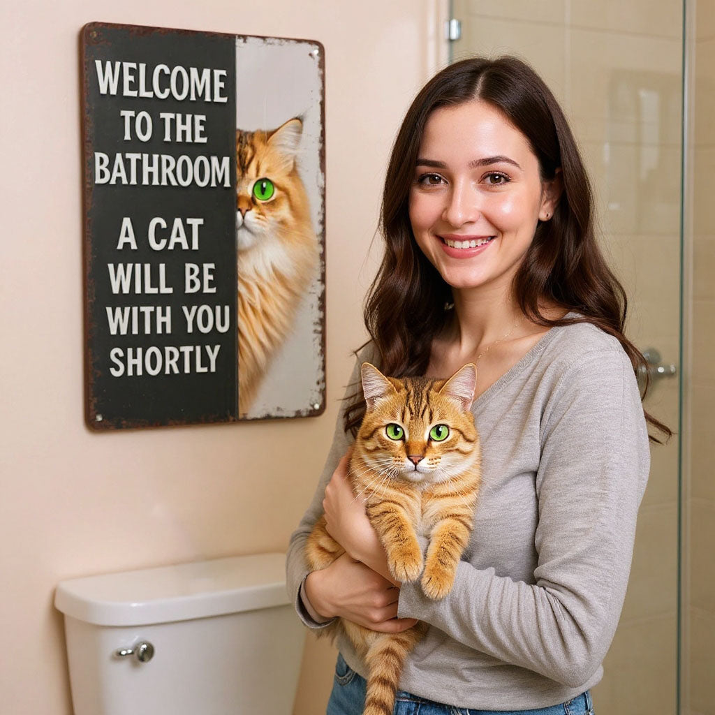Vintage Cat Humor Metal Sign - "Welcome To The Bathroom" - BW057