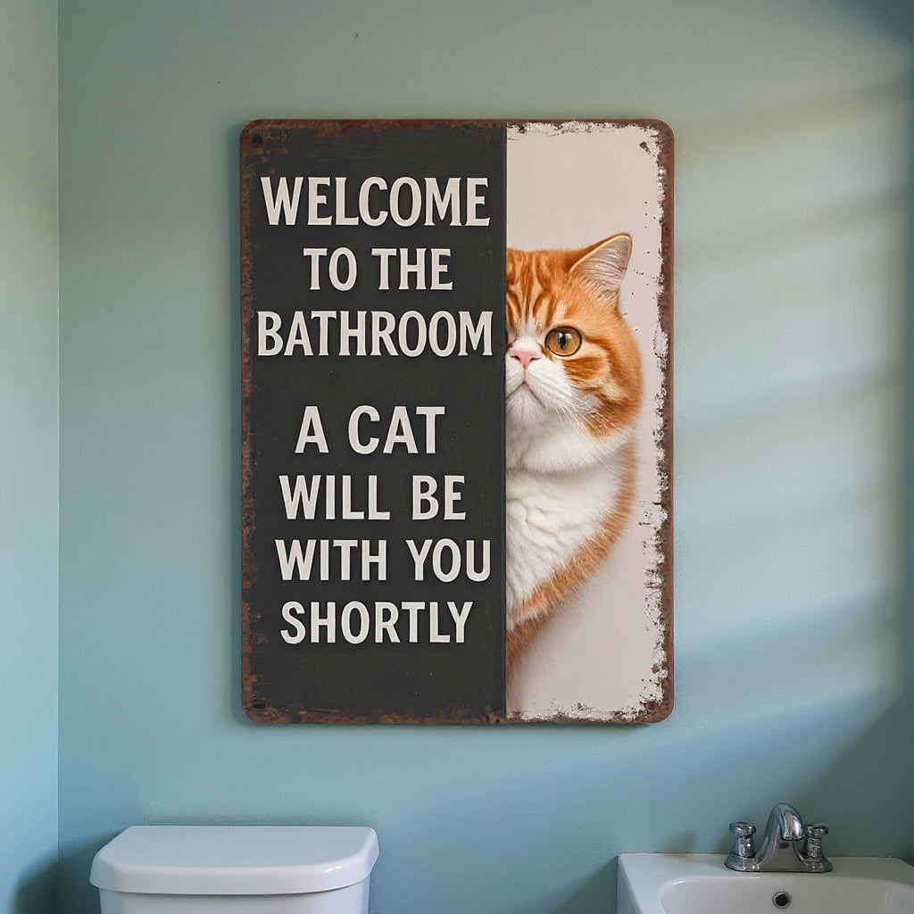 Vintage Cat Humor Metal Sign - "Welcome To The Bathroom" - BW059