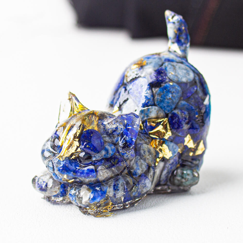 Lapis Lazuli - Handmade Natural Crystal Gemstone Cat with Raised Tail