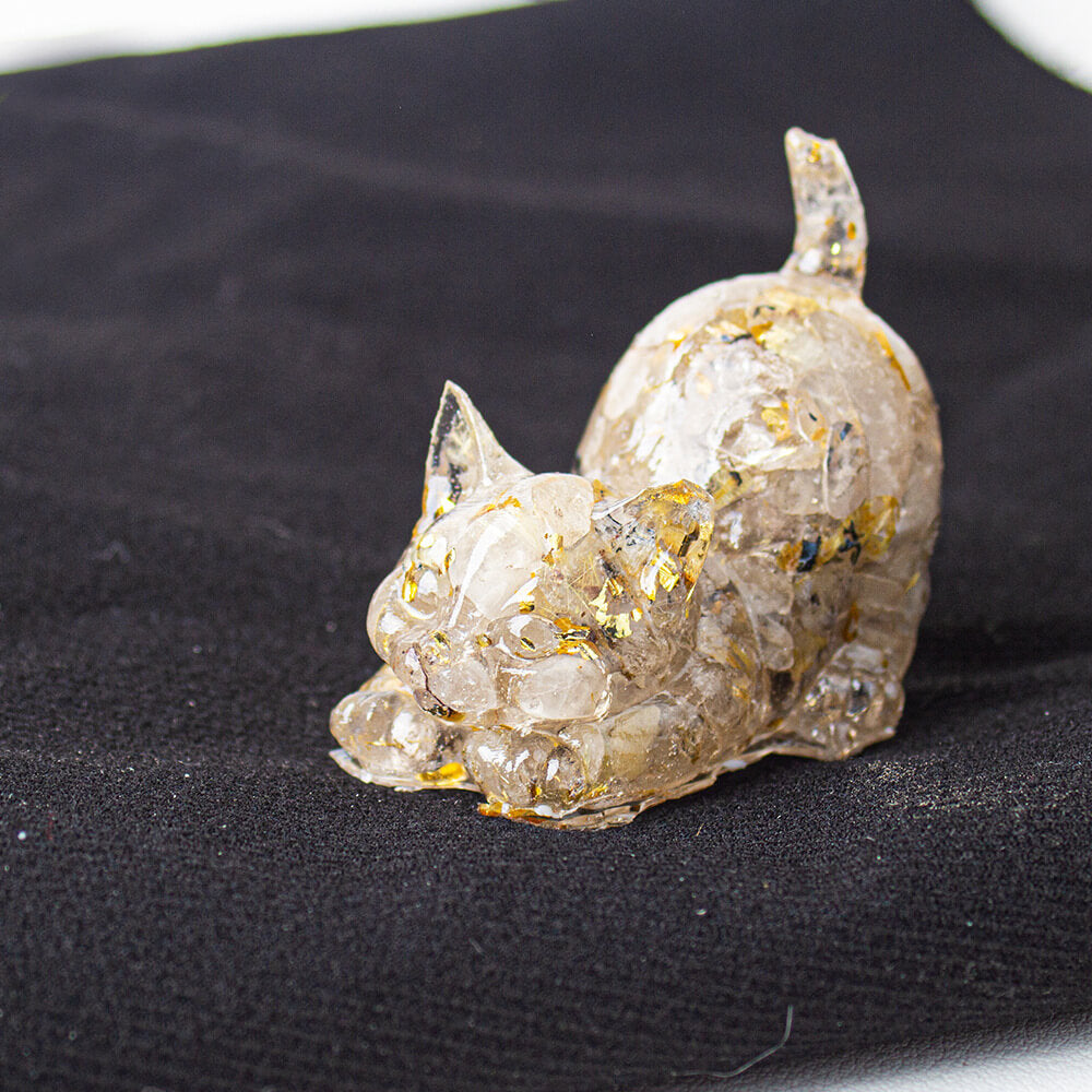 Rutilated Quartz - Handmade Natural Crystal Gemstone Cat with Raised Tail