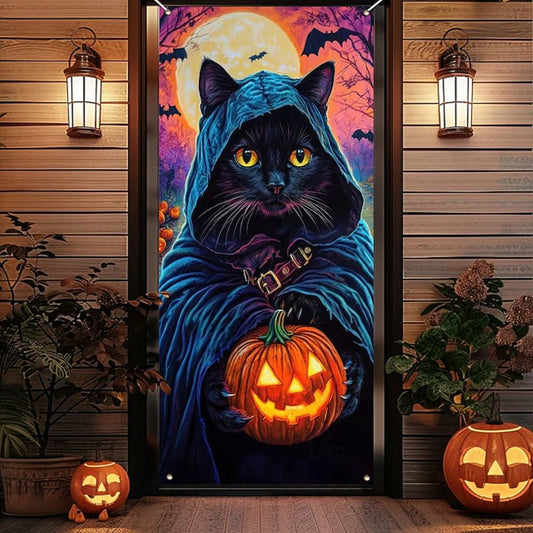 Halloween Spooky Door Covers Mysterious Black Cat SC042