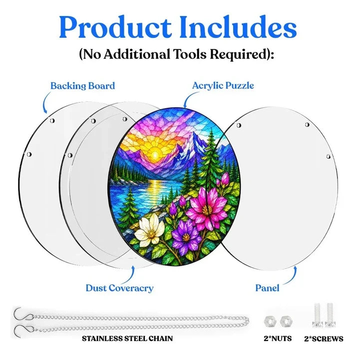 A diagram showing the included parts of the alpine sunrise acrylic puzzle suncatcher such as backing board dust cover panel stainless steel chain nuts and screws