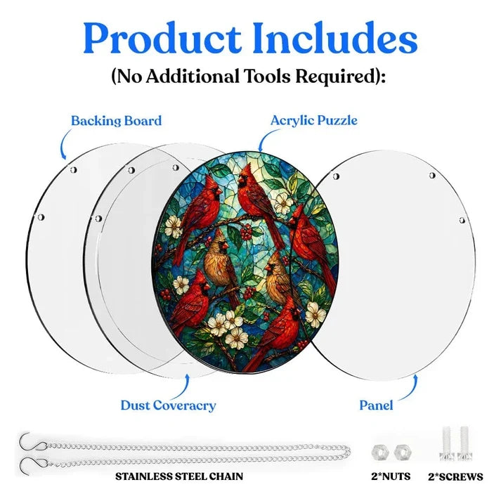 A diagram showing the included parts of the cardinal garden acrylic puzzle suncatcher such as backing board dust cover panel stainless steel chain nuts and screws
