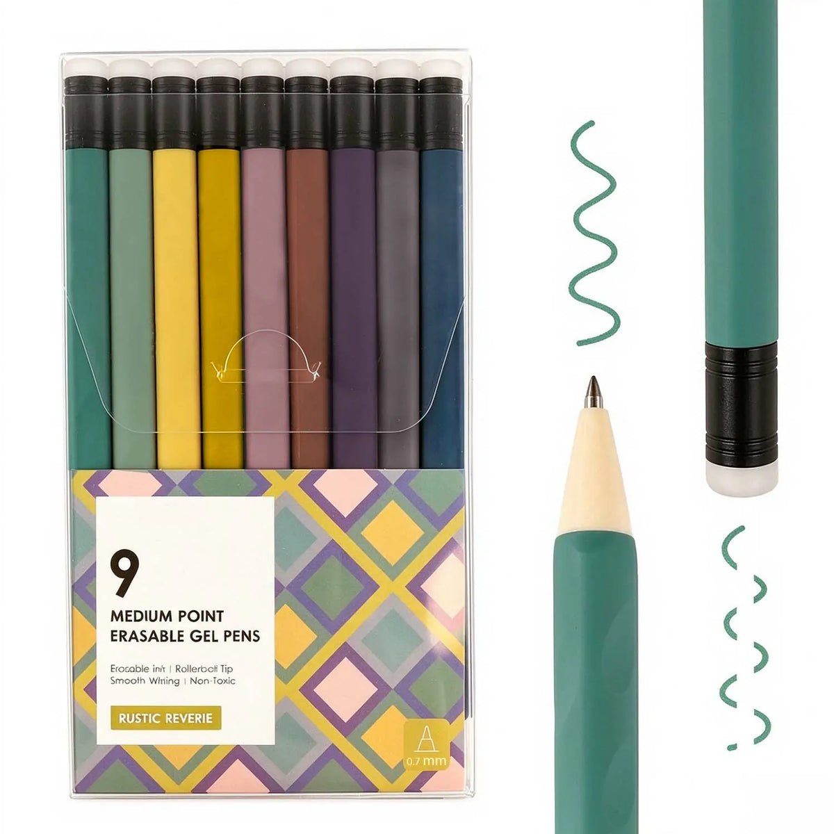 A set of nine muted earth tone erasable gel pens in a transparent case with a single green pen closeup and a wavy ink line