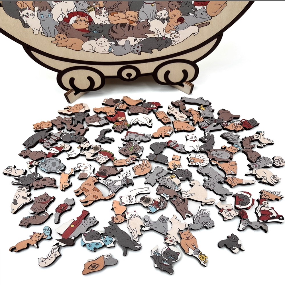 135-Piece Morandi-Colored Cat Shaped Wooden Jigsaw Puzzle