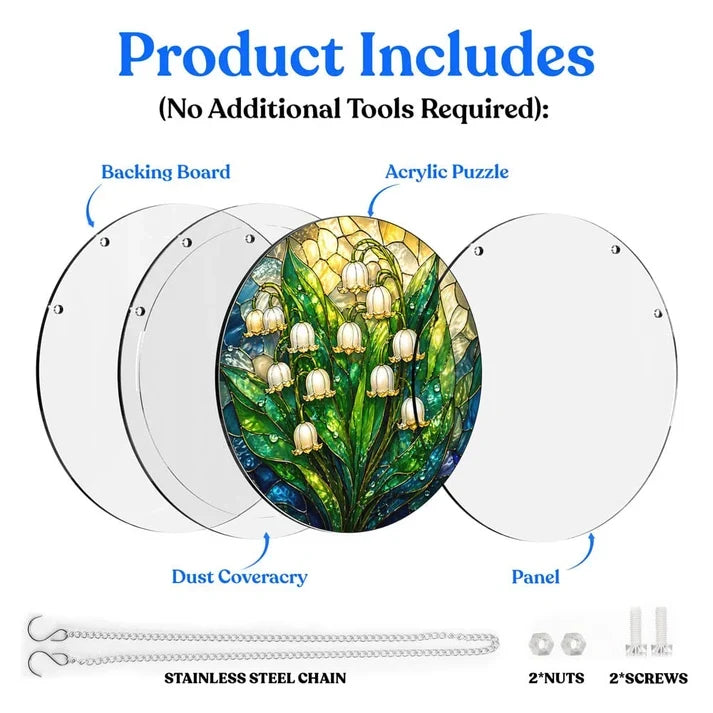 A diagram showing the included parts of the lily bells acrylic puzzle suncatcher such as backing board dust cover panel stainless steel chain nuts and screws