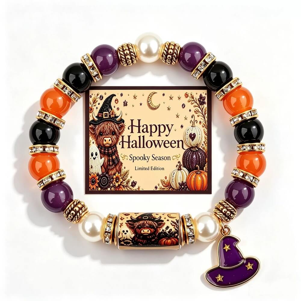 Halloween Beaded Bracelet | Witch Hat Cat Pumpkin Stretch Gift