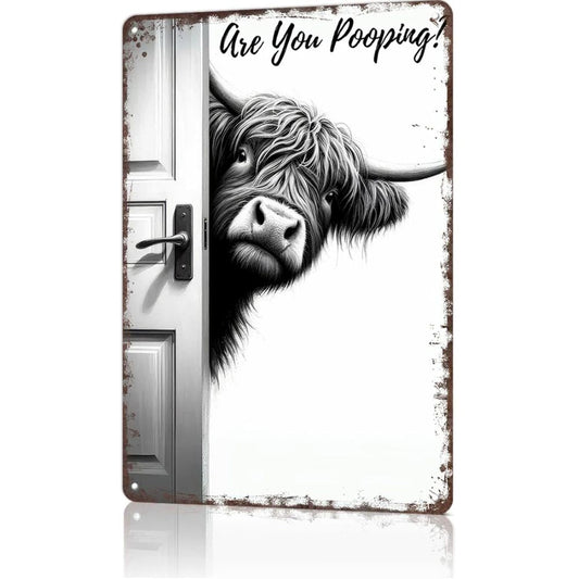 Vintage Highland Cow Metal Sign – Funny"Are You Pooping?" Wall Decor - BW011