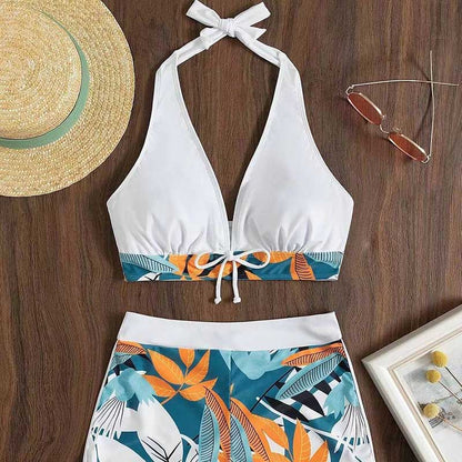 Women's Floral Print Stitching Split High Waist Swimsuit Set