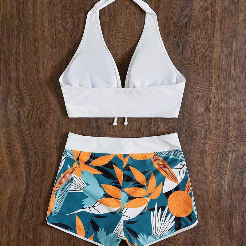 Women's Floral Print Stitching Split High Waist Swimsuit Set