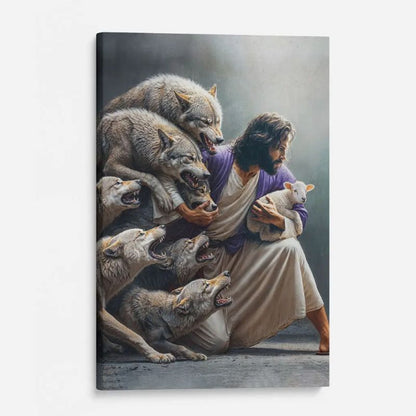 Jesus Protects The Lamb From Wolves - D377 - Gallery Wrapped Canvas Prints
