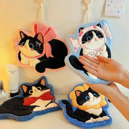 Adorable Cat Hand Towels - Blue Bow Cat