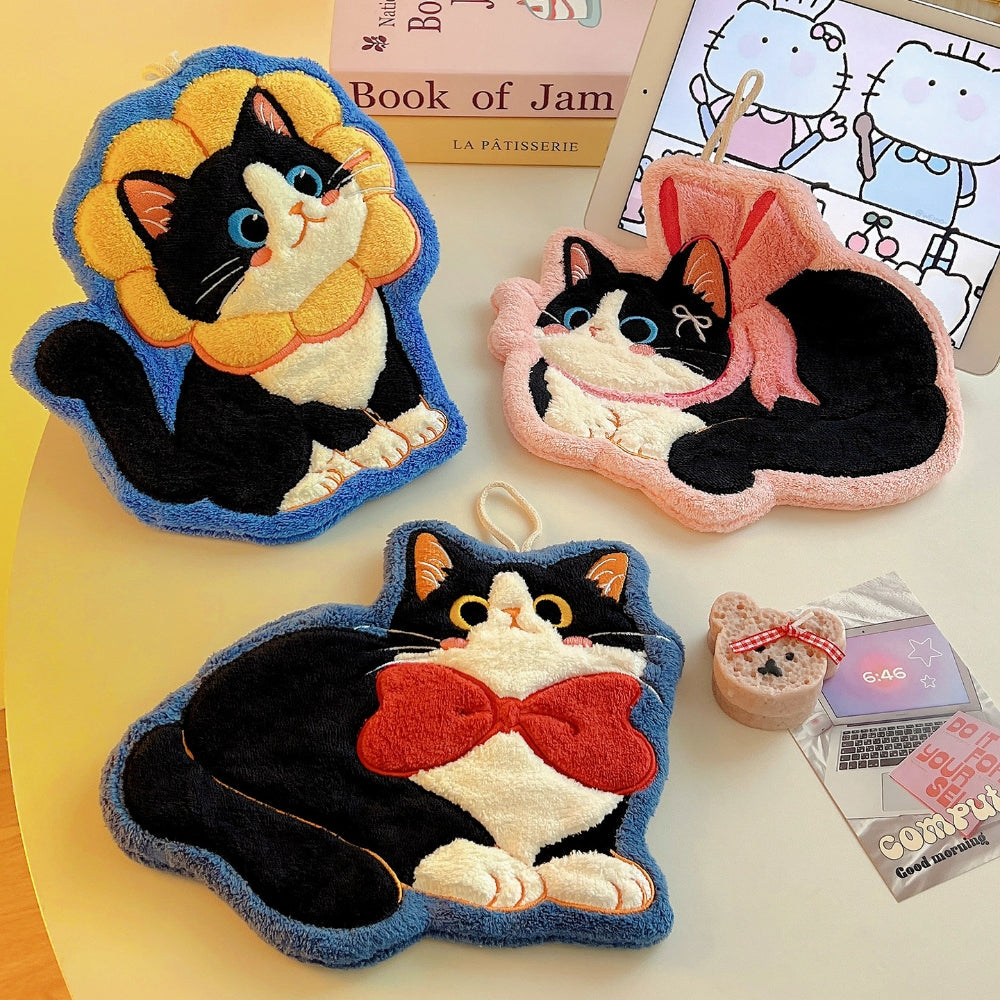 Adorable Cat Hand Towels - Blue Bow Cat