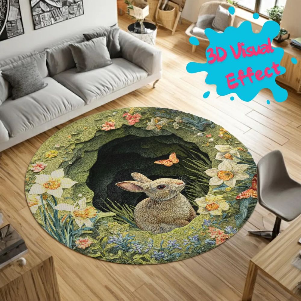 Spring Flower Bunny  - 3D Illusion Round Rug - H639