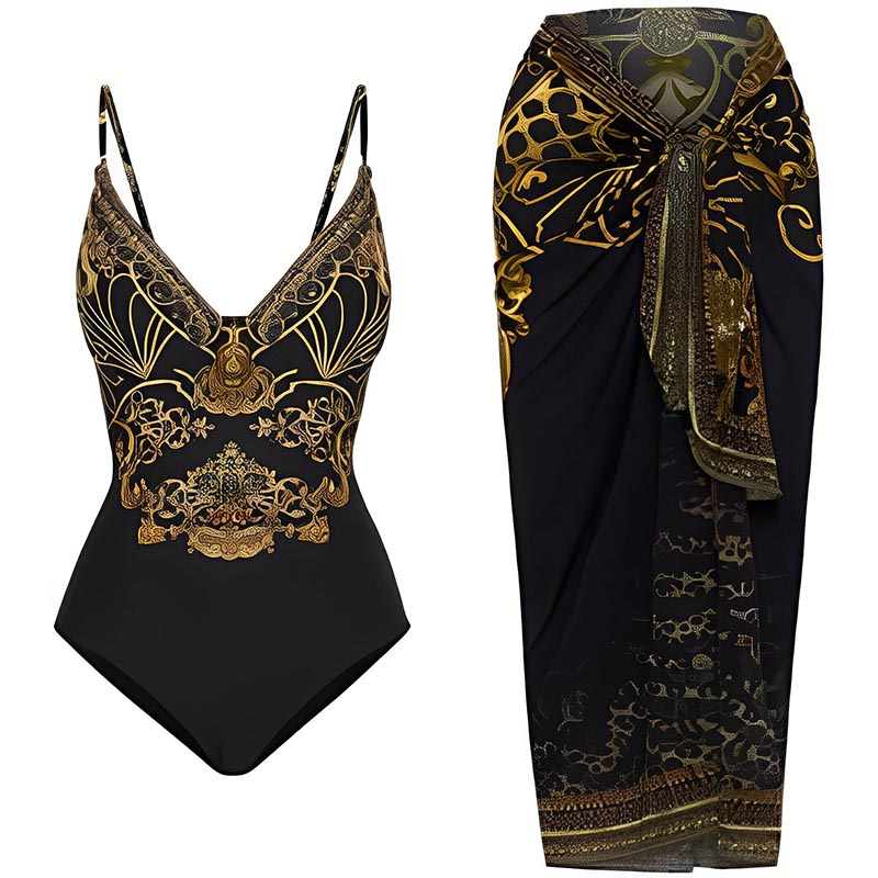 Vintage Floral Print Swimsuit And Apron - F386