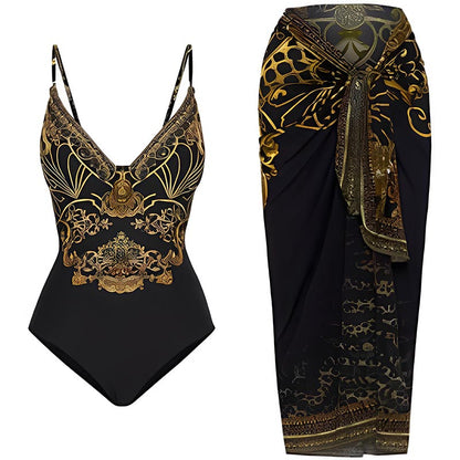 Vintage Floral Print Swimsuit And Apron - F386