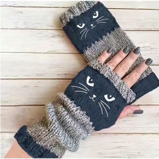 Knitted Fingerless Gloves - Cat Printing