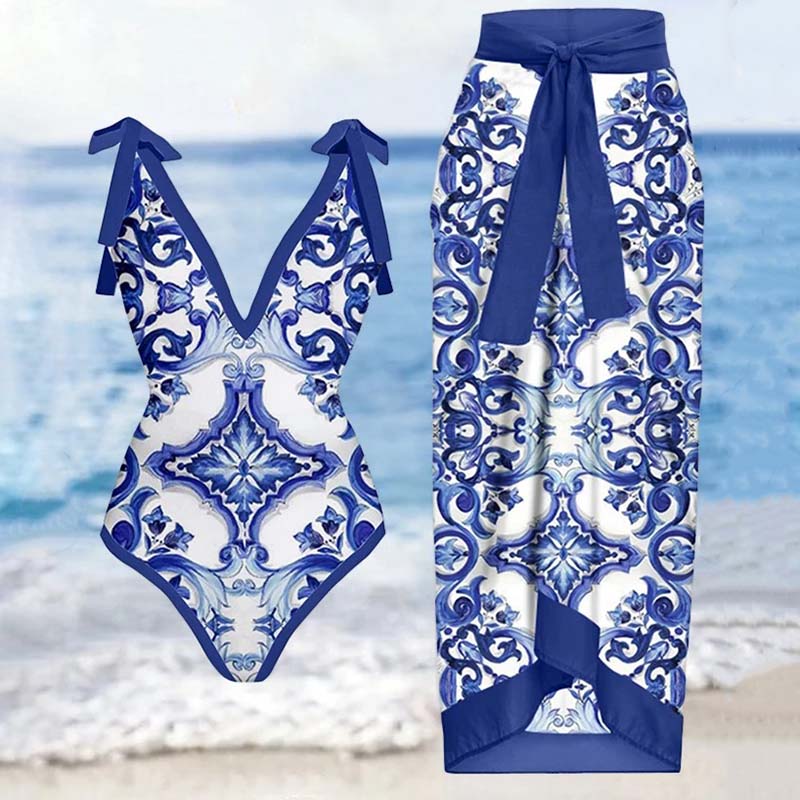 Fashion Vintage V-Neck Print One-Piece Swimsuit Set - F385