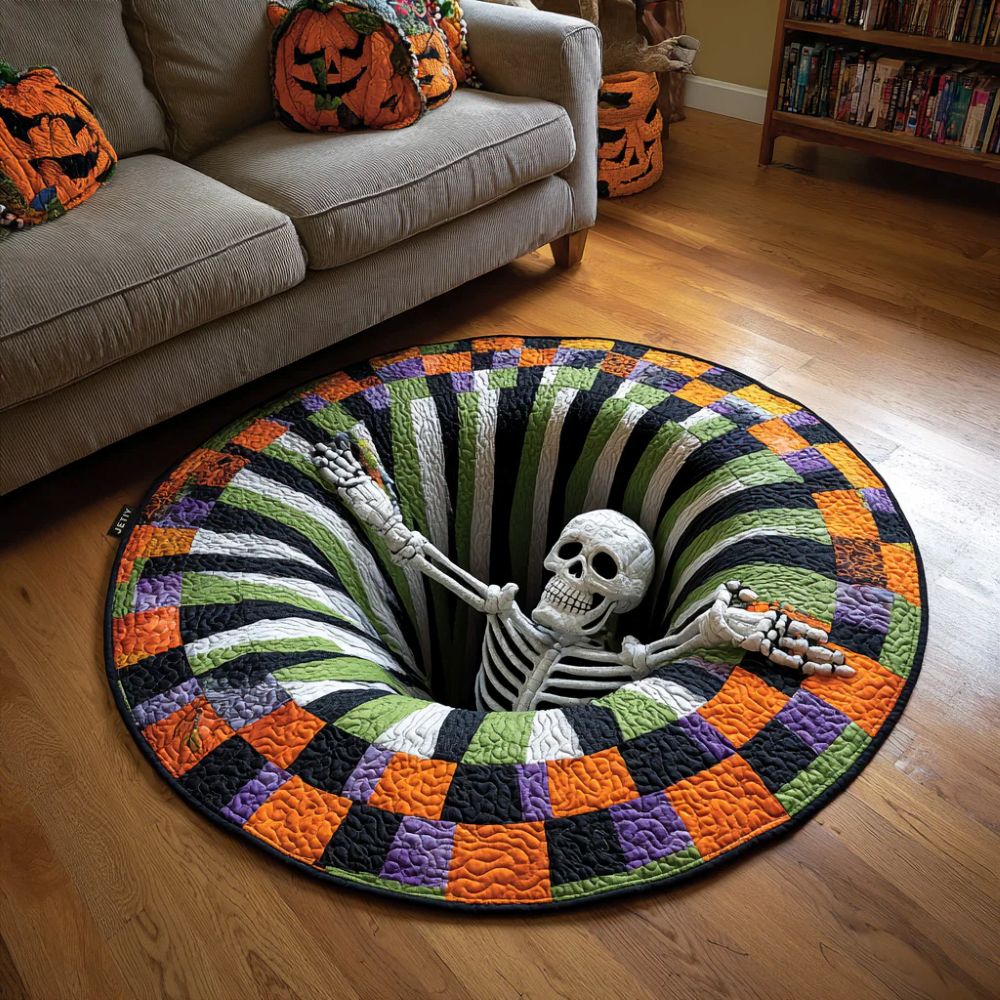 The Grave Escape - 3D Illusion Skeleton Round Rug - Candy Corn Abyss