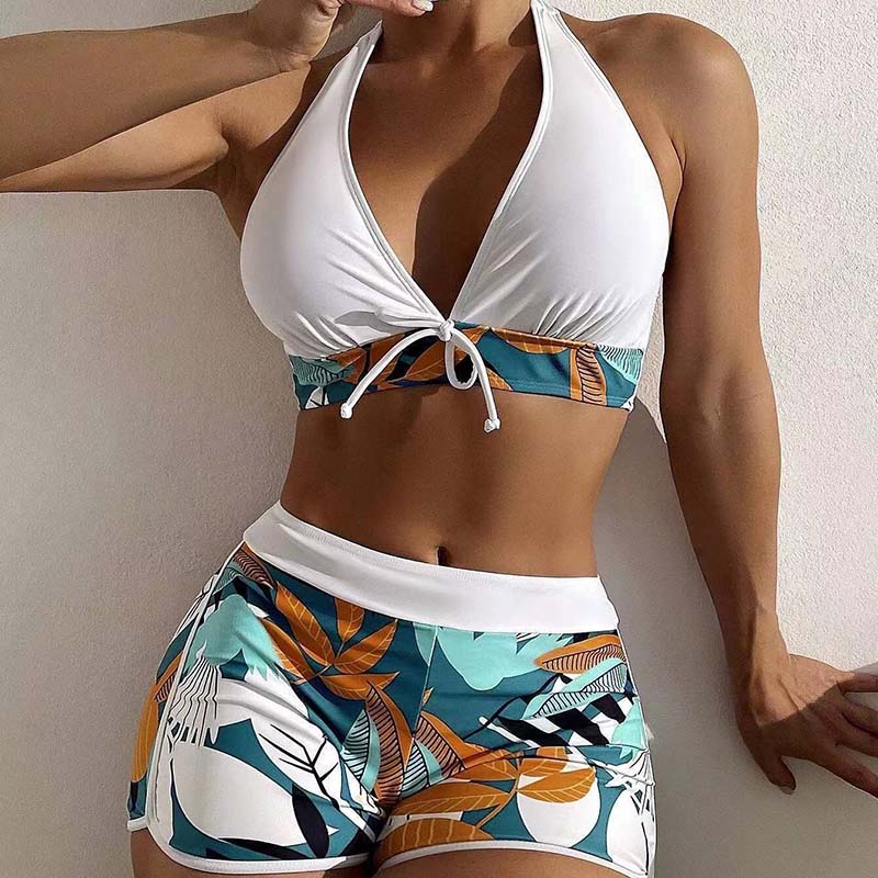 Women's Floral Print Stitching Split High Waist Swimsuit Set