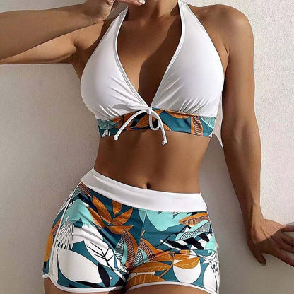 Women's Floral Print Stitching Split High Waist Swimsuit Set