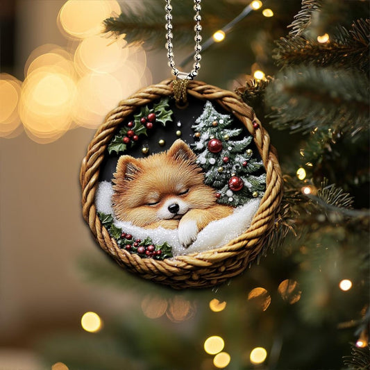 Pomeranian In Mini Basket Ornament - MB026