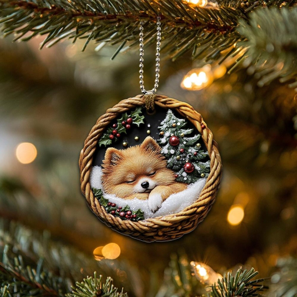 Pomeranian In Mini Basket Ornament - MB026