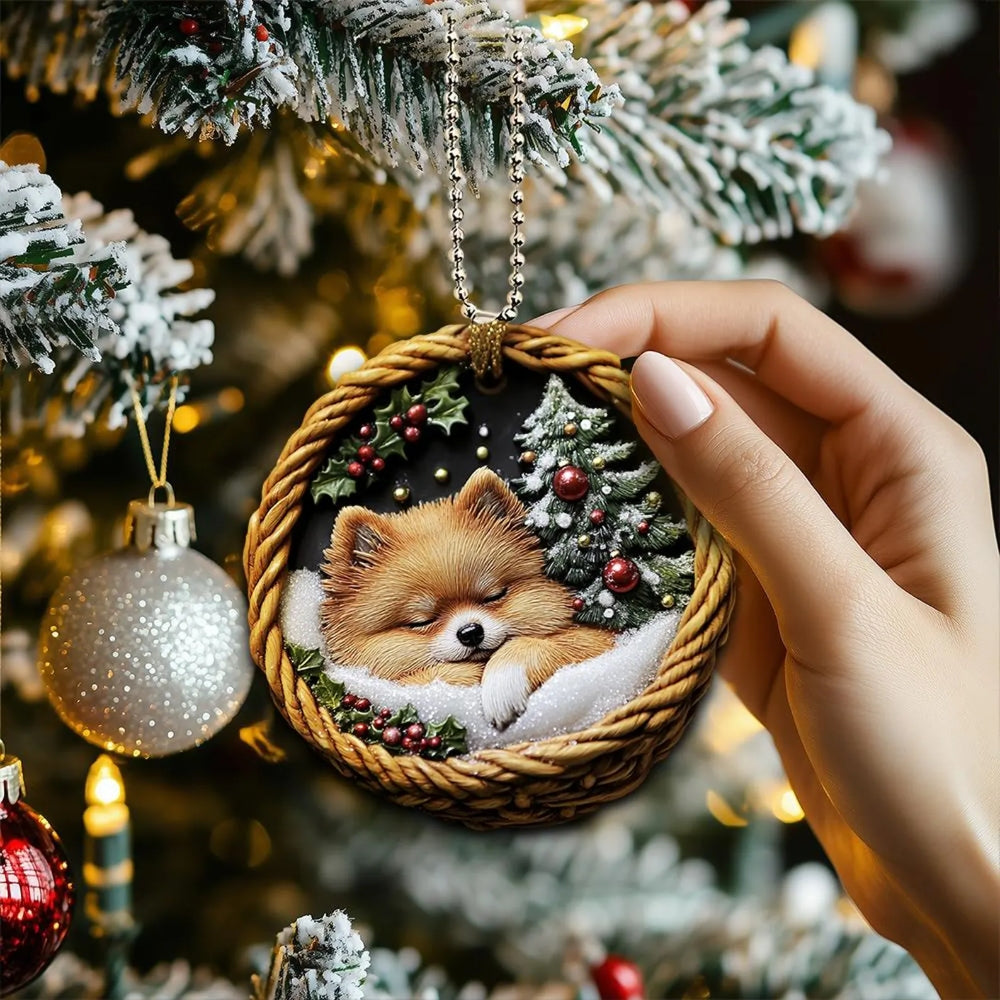 Pomeranian In Mini Basket Ornament - MB026