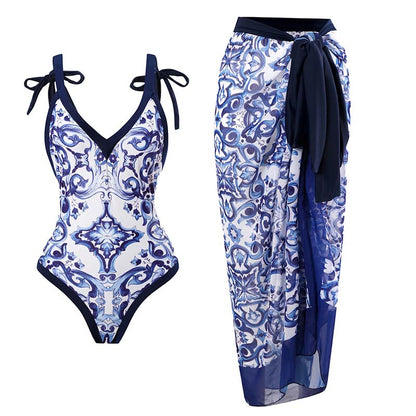 Fashion Vintage V-Neck Print One-Piece Swimsuit Set - F385