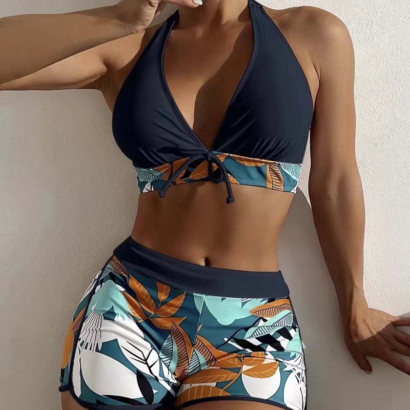 Women's Floral Print Stitching Split High Waist Swimsuit Set