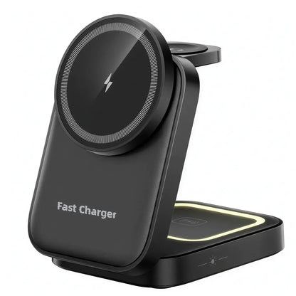 A black Mojue wireless charging stand with a circular magnetic charging pad on top and a second charging pad on the base, shown on a solid white background.