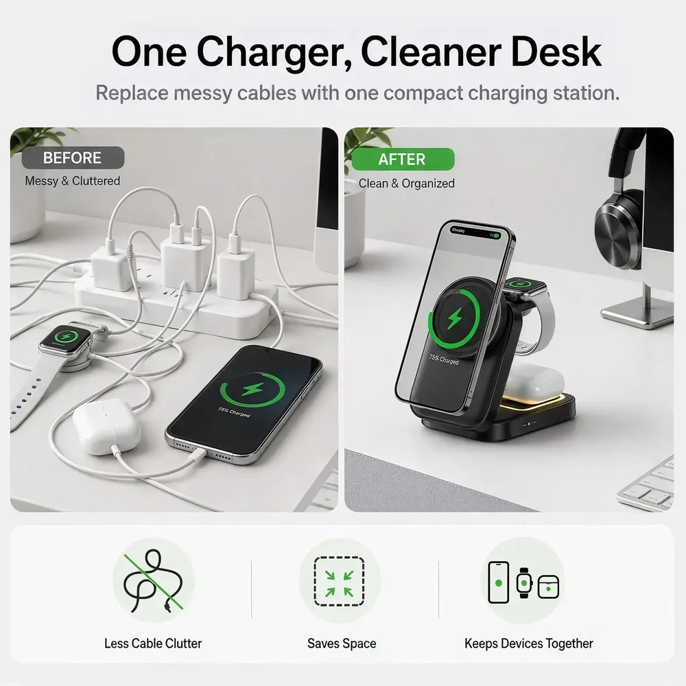 A promotional comparison graphic for a compact wireless charging station. The top text reads 'One Charger, Cleaner Desk.