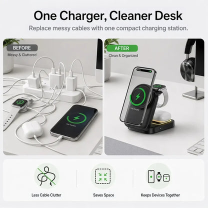 A promotional comparison graphic for a compact wireless charging station. The top text reads 'One Charger, Cleaner Desk.