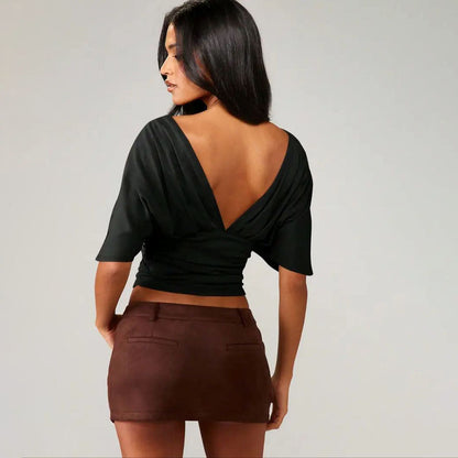 Women’s V-Neck Backless Bodycon Top – Slim Fit Sexy Summer Tee