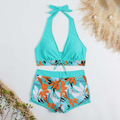 Women's Floral Print Stitching Split High Waist Swimsuit Set