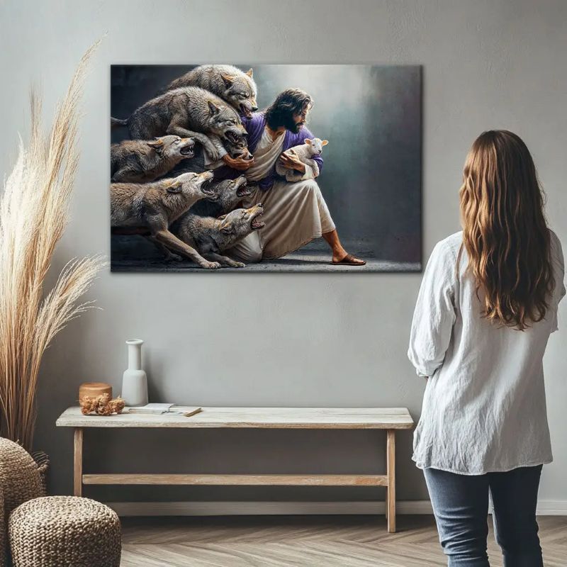 Jesus Protects The Lamb From Wolves - D377 - Gallery Wrapped Canvas Prints