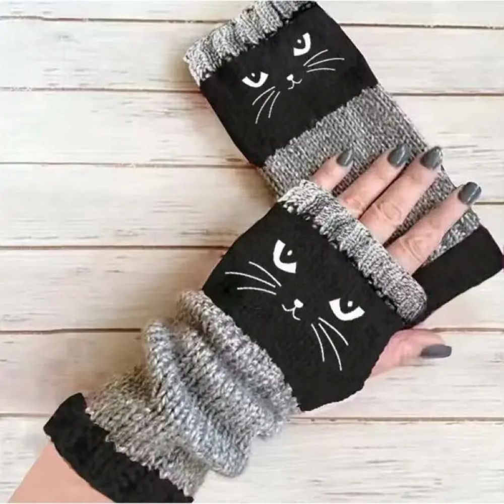 Knitted Fingerless Gloves - Cat Printing