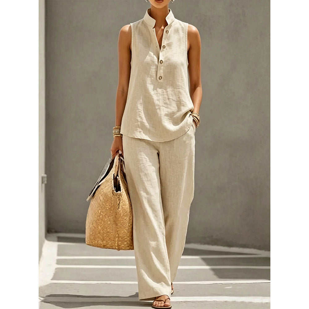 Women's Stand Collar Sleeveless Top & High-Waist Wide-Leg Pants Set