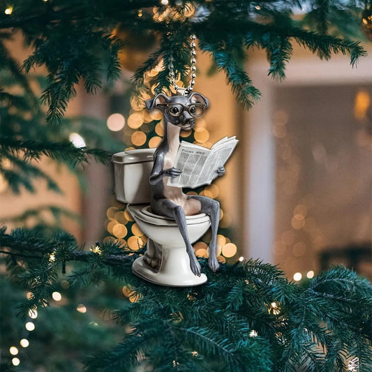 Italian Greyhound - Dog Sitting On Toilet Ornament  OT044