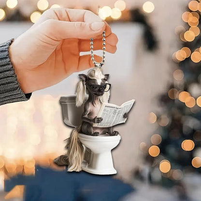 Chinese Crested Dog - Dog Sitting On Toilet Ornament  OT048