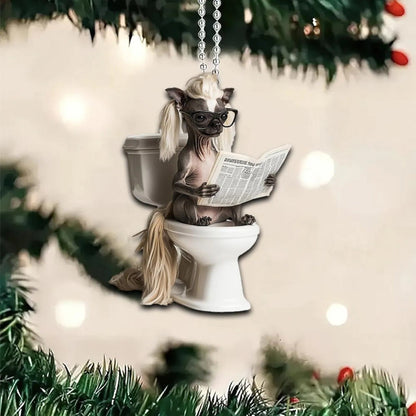 Chinese Crested Dog - Dog Sitting On Toilet Ornament  OT048