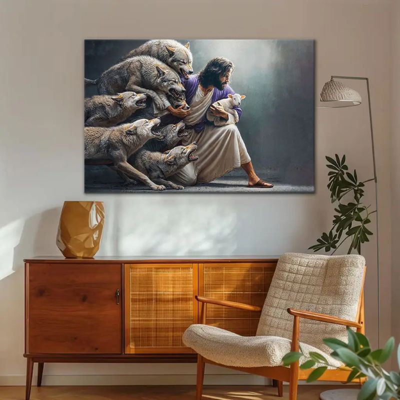Jesus Protects The Lamb From Wolves - D377 - Gallery Wrapped Canvas Prints