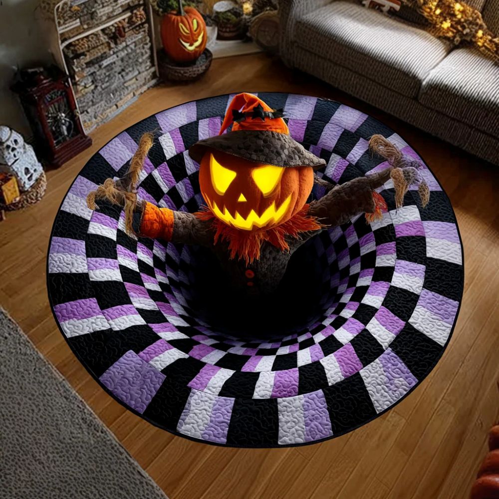 The Grave Escape - 3D Illusion Skeleton Round Rug - Pumpkin Scarecrow