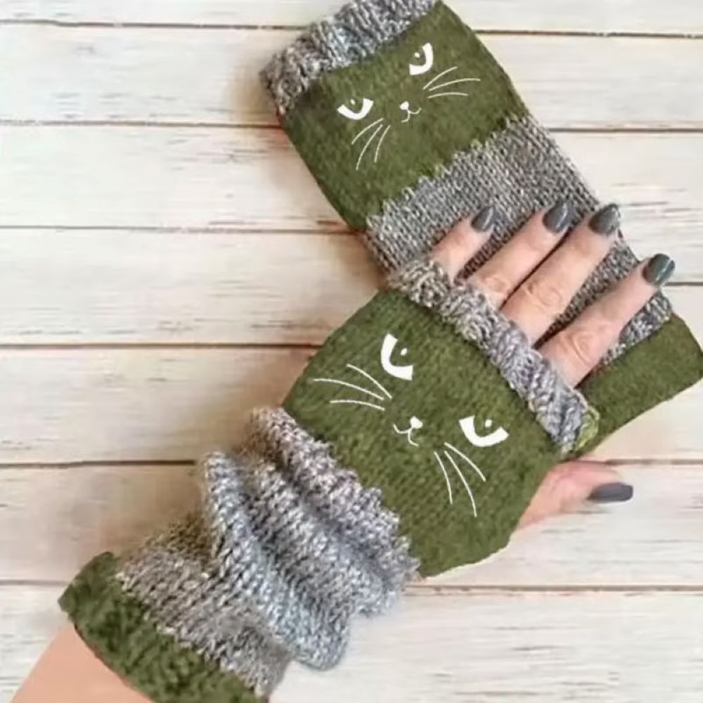 Knitted Fingerless Gloves - Cat Printing