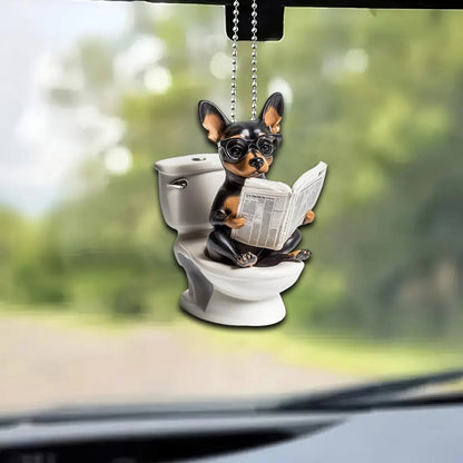 Miniature Pinscher - Dog Sitting On Toilet Ornament  OT053